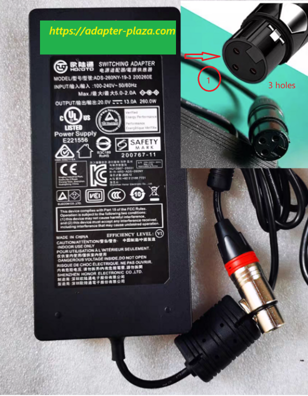 NEW HOIOTO ADS-260NY-19-3 200260E 20V 13A 3 holes SWITCHING ADAPTER OEM